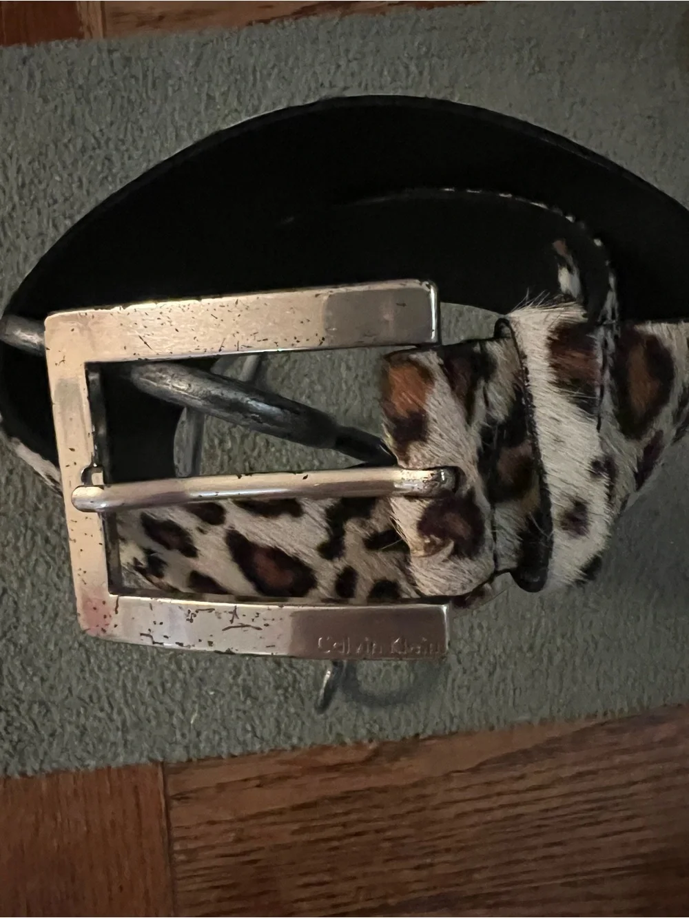 Calvin Klein Leopard Haircalf Belt with Silver Buckle